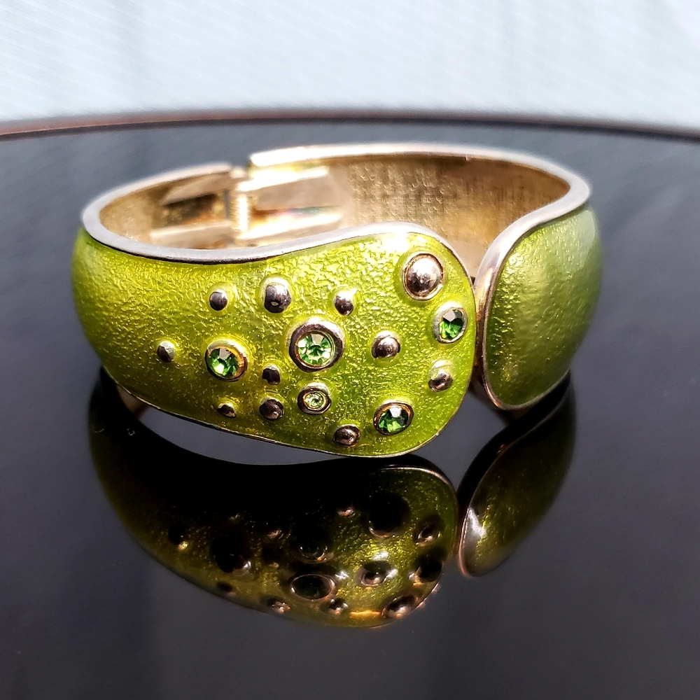 NWT Chico's Bejeweled Enamel Hinge Cuff Bracelet Green